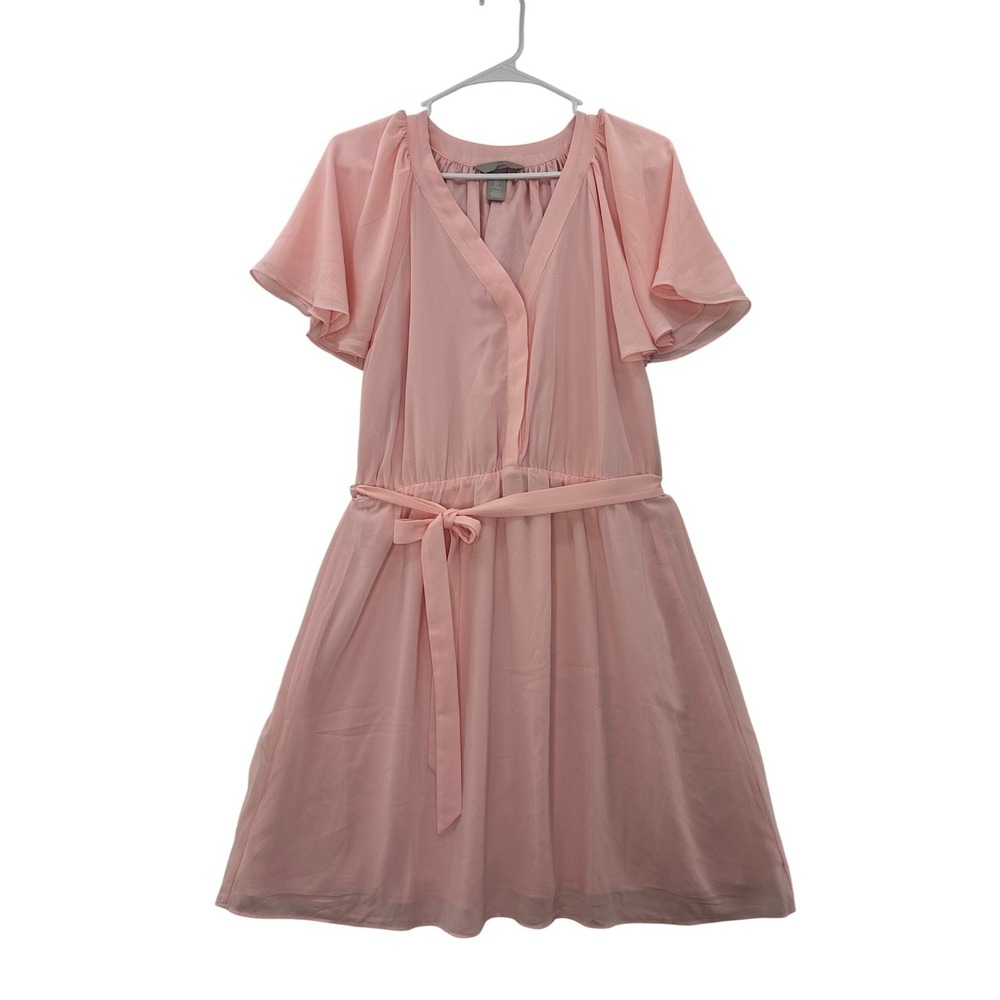 H&M Flutter Sleeve‎ V-Neck Dress Womens Medium Pink Excellent Chiffon Belted